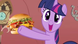 Size: 1280x723 | Tagged: safe, artist:heyitshayburgers, edit, edited screencap, imported from derpibooru, screencap, twilight sparkle, pony, unicorn, owl's well that ends well, burger, cheeseburger, food, hamburger, solo, twilight burgkle, unicorn twilight