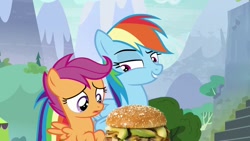 Size: 1024x576 | Tagged: safe, artist:heyitshayburgers, edit, edited screencap, imported from derpibooru, screencap, rainbow dash, scootaloo, pegasus, pony, the washouts (episode), avocado, chicken sandwich, food, implied cannibalism, implied scootachicken