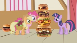 Size: 1280x720 | Tagged: safe, artist:heyitshayburgers, edit, edited screencap, imported from derpibooru, screencap, applejack, pinkie pie, twilight sparkle, earth pony, pony, unicorn, applebuck season, season 1, burger, cheeseburger, food, hamburger, spam oreo burger, western bacon cheeseburger