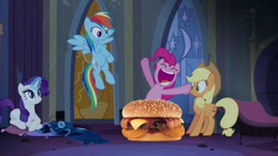 Size: 1280x720 | Tagged: safe, artist:heyitshayburgers, edit, edited screencap, imported from derpibooru, screencap, applejack, pinkie pie, rainbow dash, rarity, castle mane-ia, burger, cheeseburger, food, hamburger, western bacon cheeseburger