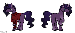 Size: 1750x784 | Tagged: safe, artist:misskanabelle, imported from derpibooru, oc, oc only, pony, unicorn, clothes, ethereal mane, horn, male, offspring, parent:king sombra, parent:princess luna, parents:lumbra, raised hoof, signature, solo, stallion, starry mane, sweater, unicorn oc, unshorn fetlocks