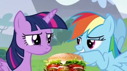 Size: 1280x720 | Tagged: safe, artist:heyitshayburgers, edit, edited screencap, imported from derpibooru, screencap, rainbow dash, twilight sparkle, alicorn, pegasus, pony, what about discord?, burger, episode needed, female, food, hamburger, mare, twilight sparkle (alicorn)