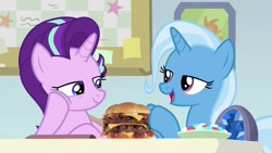 Size: 1280x720 | Tagged: safe, artist:heyitshayburgers, edit, edited screencap, imported from derpibooru, screencap, starlight glimmer, trixie, pony, unicorn, a horse shoe-in, burger, cheeseburger, female, food, hamburger, mare