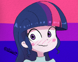 Size: 1183x937 | Tagged: safe, artist:slitchka, imported from derpibooru, twilight sparkle, human, equestria girls, bi twi, bilight sparkle, bisexual, bisexual pride flag, blush sticker, blushing, cute, female, humanized, i can't believe it's not nendo, icon, pride, pride flag, pride month, solo, twiabetes, wavy mouth