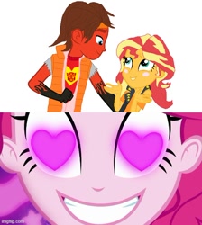 Size: 500x557 | Tagged: safe, artist:robertsonskywa1, idw, imported from derpibooru, pinkie pie, sunset shimmer, equestria girls, blushing, clothes, crack shipping, crossover, crossover shipping, heart eyes, holomatter avatar, imgflip, meme, rodimus, shipping, smiling, transformers, wingding eyes