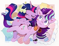 Size: 1518x1184 | Tagged: safe, artist:nendo, imported from derpibooru, starlight glimmer, twilight sparkle, alicorn, pony, unicorn, cute, eyes closed, glimmerbetes, headphones, twiabetes