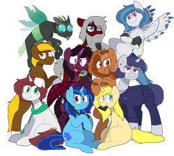 Size: 2520x2248 | Tagged: safe, artist:2k.bugbytes, gabby, oc, oc only, oc:acres, oc:annabelle (zizzydizzymc), oc:cotton coax, oc:delta dart, oc:heart drive, oc:mindful manners, oc:sapphire soulfire, oc:sign, oc:violet evergard, oc:yvette (evan555alpha), changeling, earth pony, hippogriff, hybrid, pony, undead, unicorn, vampire, beard, bipedal, bipedal leaning, blonde, blonde mane, blonde tail, blue eyes, business suit, clothed ponies, clothes, coat markings, commission, ear piercing, facial hair, female, floppy disk, flying, glasses, green eyes, group, leaning, looking at you, male, missing cutie mark, mouth hold, open mouth, piercing, plushie, ponybooru collab 2021, ponybooru mascot, red eyes, scarf, simple background, sitting, smiling, socks, socks (coat marking), standing, tongue out, transparent background, umbrella