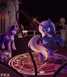 Size: 1300x1500 | Tagged: safe, artist:ponykillerx, imported from ponybooru, spike, trixie, twilight sparkle, pony, rat, unicorn, statue, whip