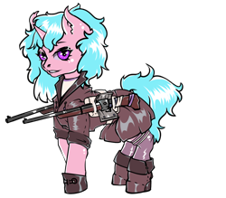 Size: 796x696 | Tagged: safe, artist:leastways, imported from derpibooru, oc, oc only, oc:dub step, unicorn, fallout equestria, battle saddle, boots, clothes, coat, commission, fanfic art, gloves, gun, hat, rifle, shoes, simple background, sketch, skirt, solo, superhero costume, top hat, transparent background, weapon