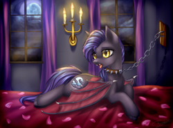 Size: 1920x1417 | Tagged: safe, artist:megabait, imported from derpibooru, oc, bat pony, pony, bad, chained, chains, collar, flower, night, rose, rose petals, slavery, spiked collar