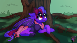 Size: 3840x2160 | Tagged: safe, artist:brainiac, imported from derpibooru, oc, oc:violet rose ze vampony, bat pony, pony, clothes, cute, dress, frog (hoof), lying down, prone, solo, tongue out, tree, underhoof