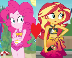 Size: 1129x921 | Tagged: safe, edit, edited screencap, imported from derpibooru, screencap, pinkie pie, rainbow dash, sci-twi, sunset shimmer, twilight sparkle, human, equestria girls, equestria girls series, forgotten friendship, x marks the spot, beach, clothes, cropped, female, food, heart, lesbian, offscreen character, open mouth, pinkie pie swimsuit, shipping, shipping domino, sunsetpie, sushi, swimsuit