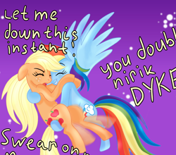 Size: 1280x1125 | Tagged: safe, artist:tiger-of-my-eye, edit, editor:hotkinkajou, applejack, rainbow dash, earth pony, pegasus, pony, /mlp/, angry, caption, cloud, female, flying, loose hair, scared, smiling, text, unofficial edits thread, vulgar