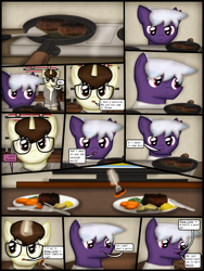 Size: 1750x2333 | Tagged: safe, artist:99999999000, imported from derpibooru, oc, oc only, oc:cwe, oc:firearm king, pony, comic:visit, clothes, comic, cooking, food, glasses, meat, ponies eating meat