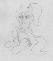 Size: 1704x1944 | Tagged: safe, artist:wapamario63, imported from ponybooru, fluttershy, pegasus, pony, alternate hairstyle, bra, bra on pony, chest fluff, clothes, crotchboobs, cute, female, looking at you, mare, monochrome, nudity, panties, ponytail, raised hoof, raised leg, shyabetes, sitting, sketch, solo, swimsuit, teats, traditional art, underwear