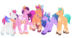 Size: 1200x631 | Tagged: safe, artist:cool_guy_senpai, edit, editor:anonymous, editor:edits of hate, imported from twibooru, hitch trailblazer, izzy moonbow, pipp petals, sunny starscout, zipp storm, earth pony, pegasus, pony, unicorn, /mlp/, bandana, blanket, bracelet, braid, button, circlet, clothes, coat markings, colored hooves, colored wings, crown, female, full body, g5, grin, group, happy, image, jewelry, male, mane g5, mare, one eye closed, png, regalia, scarf, simple background, smiling, socks (coat marking), stallion, unofficial edits thread, unshorn fetlocks, white background, wings