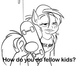 Size: 1088x920 | Tagged: safe, artist:anontheanon, imported from ponybooru, oc, oc only, oc:anon-mare, earth pony, pony, backwards ballcap, baseball cap, black and white, cap, female, grayscale, hat, how do you do fellow kids, mare, monochrome, skateboard, solo