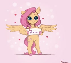 Size: 2656x2348 | Tagged: safe, artist:miokomata, imported from derpibooru, fluttershy, pegasus, pony, semi-anthro, abstract background, bipedal, blushing, bronybait, colored hooves, cute, female, freckles, freckleshy, high res, hoof hold, hug request, looking at you, mare, shyabetes, sign, smiling, smiling at you, solo, spread wings, wings