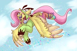 Size: 3000x2000 | Tagged: safe, artist:artwing5, imported from derpibooru, fluttershy, pegasus, pony, antonymph, clothes, ear piercing, earring, eyeshadow, fluttgirshy, flying, glitter, headphones, high res, hoodie, jewelry, makeup, one eye closed, piercing, socks, wink