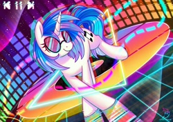 Size: 3508x2480 | Tagged: safe, artist:musicfirewind, artist:wavecipher, imported from derpibooru, dj pon-3, vinyl scratch, pony, unicorn, detailed background, high res, signature, solo, sunglasses, triangle