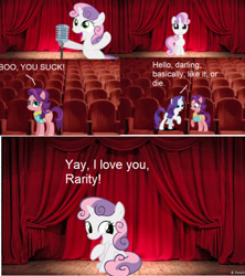 Size: 695x781 | Tagged: safe, imported from derpibooru, rarity, spoiled rich, sweetie belle, earth pony, pony, unicorn, one bad apple, bipedal, comic, crying, female, filly, mare, sibling love, singing, sisterly love, sitting, stage