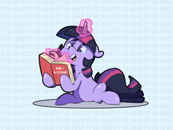 Size: 1200x900 | Tagged: safe, artist:talimingi, imported from derpibooru, twilight sparkle, pony, unicorn, book, existential crisis, eyebrows, female, floppy ears, magic, magic aura, mare, pone, question, simple background, solo, text, unicorn twilight