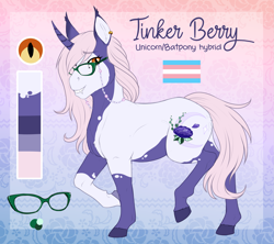 Size: 2781x2468 | Tagged: safe, artist:askbubblelee, imported from derpibooru, imported from ponybooru, oc, oc only, oc:tinker berry, bat pony, bat pony unicorn, hybrid, pony, unicorn, bat pony oc, bat wings, digital art, fangs, female, glasses, grin, high res, horn, looking at you, mare, pride, pride flag, raised hoof, slit eyes, slit pupils, smiling, smiling at you, solo, transgender, transgender pride flag, wings