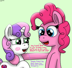 Size: 2123x2029 | Tagged: safe, artist:darkyboode32, imported from derpibooru, pinkie pie, sweetie belle, earth pony, pony, unicorn, blushing, cutie mark, duo, female, filly, happy, high res, hoof hold, mare, open mouth, simple background, talking, text, the cmc's cutie marks