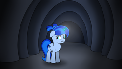 Size: 1920x1080 | Tagged: safe, artist:spritepony, imported from derpibooru, oc, oc only, oc:sapphire gleam, pony, unicorn, alone, atg 2021, cave, dark, ears back, female, filly, floppy ears, horn, light, magic, newbie artist training grounds, scared, solo, standing, telekinesis, unicorn oc, younger