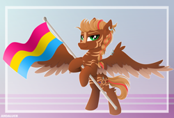 Size: 2720x1840 | Tagged: safe, artist:andaluce, imported from derpibooru, oc, oc only, oc:aero, hybrid, pegasus, pony, zebra, zony, abstract background, bipedal, bipedal leaning, flag, high res, holding a flag, leaning, lineless, looking at you, male, pansexual pride flag, piercing, pride, pride flag, smiling, smiling at you, solo, spread wings, stallion, wings