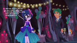 Size: 1366x768 | Tagged: safe, edit, edited screencap, imported from derpibooru, screencap, sci-twi, timber spruce, twilight sparkle, equestria girls, legend of everfree, clothes, dress, duo focus, op is a duck, text, tuxedo