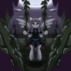 Size: 2000x2000 | Tagged: safe, artist:darksly, imported from derpibooru, inky rose, pegasus, pony, atg 2021, braid, clothes, darkness, dress, goth, high res, leaf, looking at you, newbie artist training grounds, swing