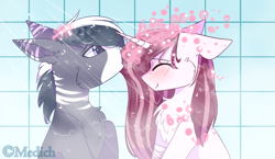 Size: 2745x1589 | Tagged: safe, artist:mediasmile666, imported from derpibooru, oc, oc only, earth pony, pony, unicorn, bandage, bust, chest fluff, coat markings, duo, female, floppy ears, male, mare, shower, soap, stallion