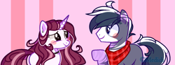 Size: 1725x647 | Tagged: safe, artist:mediasmile666, imported from derpibooru, oc, oc only, earth pony, pony, unicorn, abstract background, blushing, duo, female, looking at each other, male, mare, raised hoof, stallion