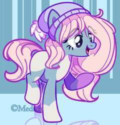 Size: 1537x1598 | Tagged: safe, artist:mediasmile666, imported from derpibooru, oc, oc only, earth pony, pony, abstract background, coat markings, female, hat, mare, open mouth, raised hoof, raised leg, smiling, solo