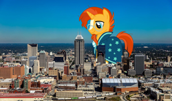 Size: 2048x1202 | Tagged: safe, artist:sirmlp1, imported from derpibooru, sunburst, pony, unicorn, blaze (coat marking), coat markings, facial markings, giant pony, highrise ponies, indiana, indianapolis, irl, macro, male, photo, ponies in real life, socks (coat markings), stallion