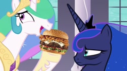 Size: 1280x720 | Tagged: safe, artist:heyitshayburgers, edit, edited screencap, imported from derpibooru, screencap, princess celestia, princess luna, alicorn, a royal problem, burger, cheeseburger, food, hamburger