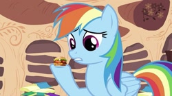 Size: 993x558 | Tagged: safe, artist:heyitshayburgers, edit, edited screencap, imported from derpibooru, screencap, rainbow dash, pegasus, pony, dragon quest, season 2, burger, cheeseburger, female, food, hamburger, mare, solo