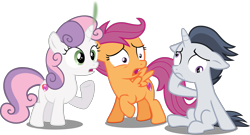 Size: 3411x1848 | Tagged: safe, artist:frownfactory, artist:slb94, edit, editor:slayerbvc, imported from derpibooru, vector edit, rumble, scootaloo, sweetie belle, pegasus, unicorn, colt, cutie mark, derp, dizzy, female, filly, floppy ears, horn, male, oops, race swap, raised hoof, shocked, simple background, sitting, smoking horn, the cmc's cutie marks, transparent background, unicorn rumble, vector, what has magic done