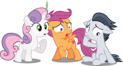 Size: 3411x1848 | Tagged: safe, alternate version, artist:frownfactory, artist:slb94, edit, editor:slayerbvc, imported from derpibooru, vector edit, rumble, scootaloo, sweetie belle, earth pony, pegasus, unicorn, colt, cutie mark, derp, dizzy, earth pony rumble, female, filly, floppy ears, horn, male, oops, race swap, raised hoof, shocked, simple background, sitting, smoking horn, the cmc's cutie marks, transparent background, vector, what has magic done