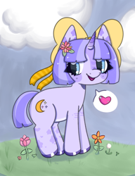 Size: 1000x1300 | Tagged: safe, artist:rabidmomento, imported from derpibooru, oc, oc only, oc:moonlight meadow, pony, unicorn, bow, cloud, flower, flower in hair, full body, grass, happy, heart, scenery, shading, sky, smiling, solo, standing