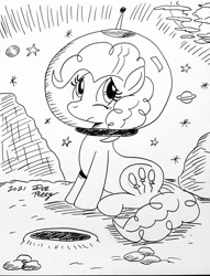 Size: 2606x3404 | Tagged: safe, artist:debmervin, imported from derpibooru, pinkie pie, earth pony, black and white, earth, grayscale, high res, monochrome, moon, sad, space