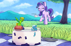 Size: 2000x1295 | Tagged: safe, artist:tsitra360, imported from derpibooru, starlight glimmer, oc, insect, ladybug, pegasus, pony, unicorn, eating, eyes closed, female, food, grass, magic, magic aura, mare, micro, mountain, size difference, spoon, tree, yogurt