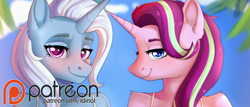 Size: 2526x1080 | Tagged: safe, artist:dinoalpaka, imported from derpibooru, starlight glimmer, trixie, anthro, pony, unicorn, advertisement, cropped, female, mare, patreon, patreon link, patreon logo, patreon preview