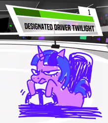 Size: 591x675 | Tagged: safe, artist:batshaped, imported from derpibooru, twilight sparkle, pony, unicorn, driving, female, jackbox, mare, solo, steering wheel, unicorn twilight