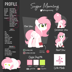 Size: 4000x4000 | Tagged: safe, artist:sugar morning, imported from derpibooru, oc, oc only, oc:sugar morning, pegasus, pony, female, mare, reference sheet, smiling, solo, standing, text