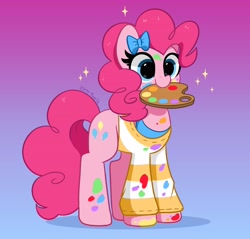 Size: 4096x3916 | Tagged: safe, artist:kittyrosie, imported from derpibooru, pinkie pie, earth pony, pony, absurd resolution, blushing, bow, clothes, cute, diapinkes, female, hair bow, mare, messy coloring, messy colouring, mouth hold, painting, palette, redraw, smiling, solo