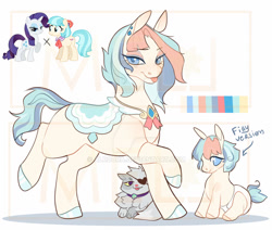 Size: 1024x868 | Tagged: safe, artist:alroura, imported from derpibooru, coco pommel, opalescence, rarity, oc, oc only, earth pony, pony, unicorn, baby, baby pony, deviantart watermark, eyepatch, female, filly, magical lesbian spawn, mare, obtrusive watermark, offspring, older, parent:coco pommel, parent:rarity, parents:marshmallow coco, saddle, solo, tack, tongue out, watermark