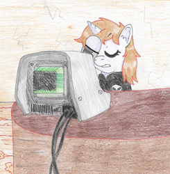 Size: 1672x1707 | Tagged: safe, artist:toshimatsu, imported from derpibooru, oc, oc only, oc:littlepip, pony, unicorn, fallout equestria, cables, facehoof, fanfic, fanfic art, horn, pipbuck, terminal, traditional art