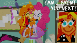 Size: 1280x720 | Tagged: safe, edit, edited screencap, editor:quoterific, imported from derpibooru, screencap, pinkie pie, sunset shimmer, eqg summertime shorts, equestria girls, the art of friendship, best friends, cute, duo, duo female, eyes closed, female, hug, one eye closed, painting, shimmerbetes, smiling, sunpie